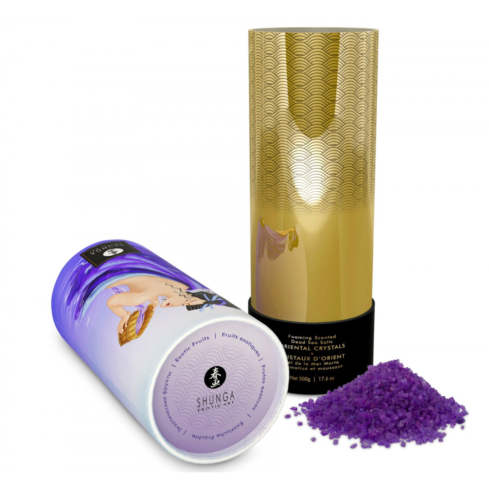 Романтическая атмосфера - Пенящаяся соль для ванны Shunga Dead Sea salt Oriental Crystals — Exotic Fruits (500 г), соль Мертво 3