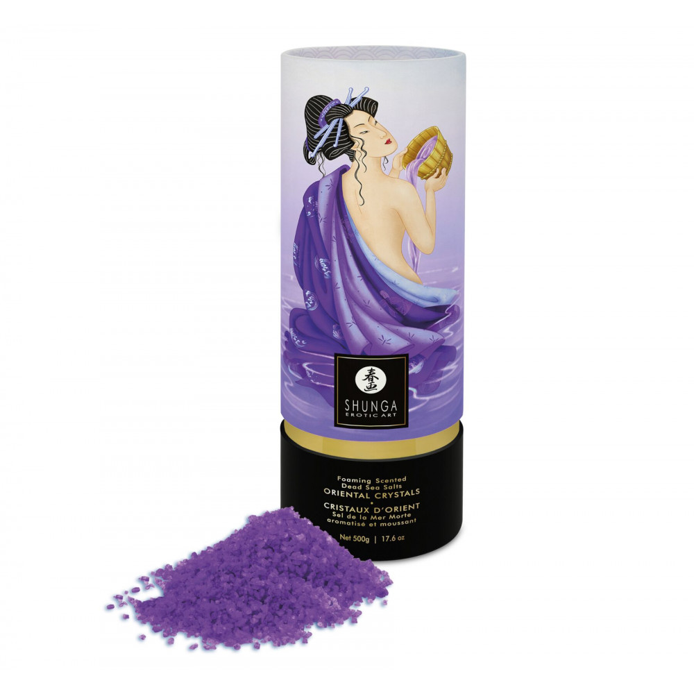 Романтическая атмосфера - Пенящаяся соль для ванны Shunga Dead Sea salt Oriental Crystals — Exotic Fruits (500 г), соль Мертво 5