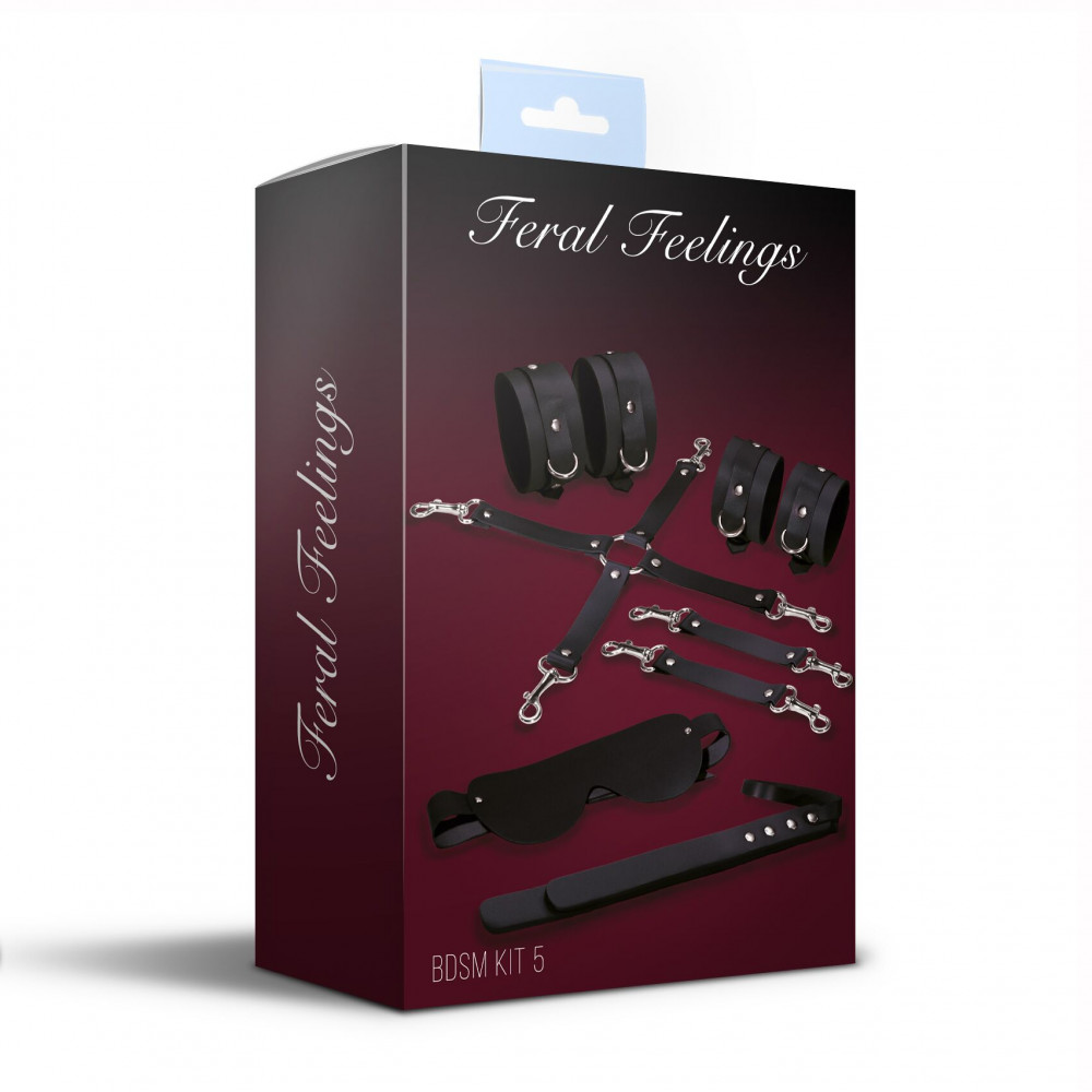 Наборы для БДСМ - Набор для БДСМ 5 в 1 Feral Feelings BDSM Kit 5 Black, наручники, поножи, крестовина, маска, паддл 1