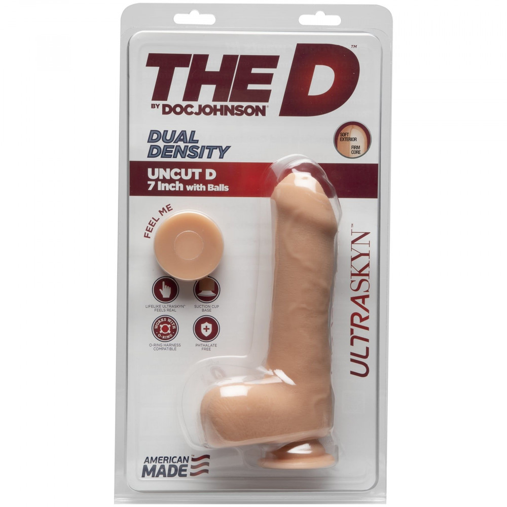 Фаллоимитаторы на присоске, двойные - Фаллоимитатор Doc Johnson The D - Uncut D - 7 Inch With Balls ULTRASKYN, диаметр 4,5см, необрезанный 1