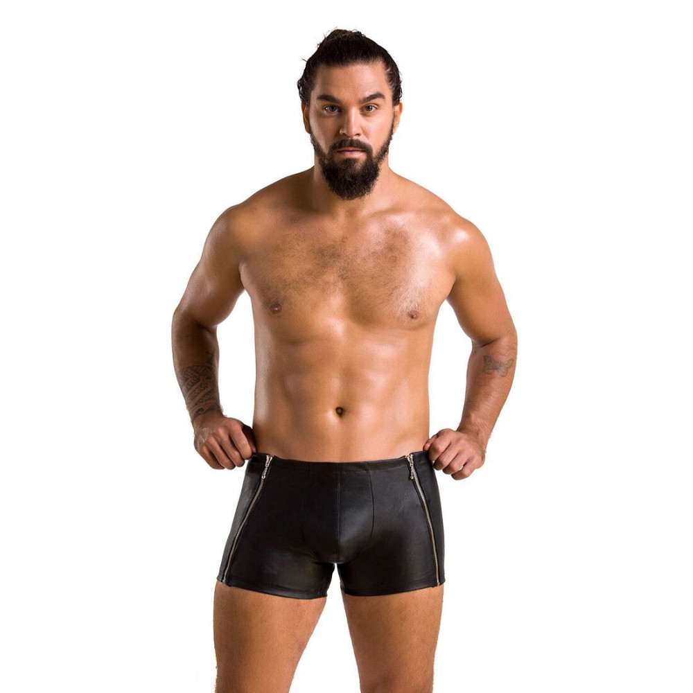 Стринги, трусы и шорты - Мужские кожаные боксеры с молниями Passion 049 Short Matt S/M Black 4