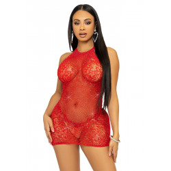 Платье-сетка со стразами Leg Avenue Rhinestone halter mini dress Red, открытая спина, one size