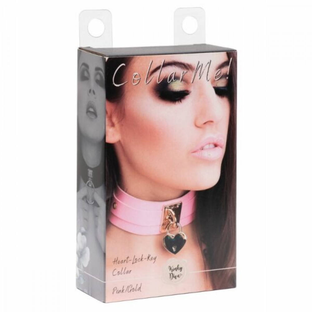 БДСМ игрушки - Ошейник широкий розовый Kinky Diva Collar Me! с золотистым замочком в виде сердца и ключиком 3