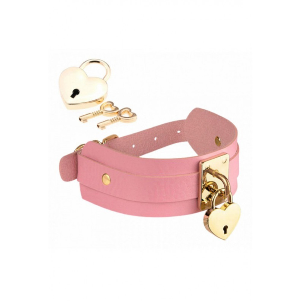 БДСМ игрушки - Ошейник широкий розовый Kinky Diva Collar Me! с золотистым замочком в виде сердца и ключиком 1
