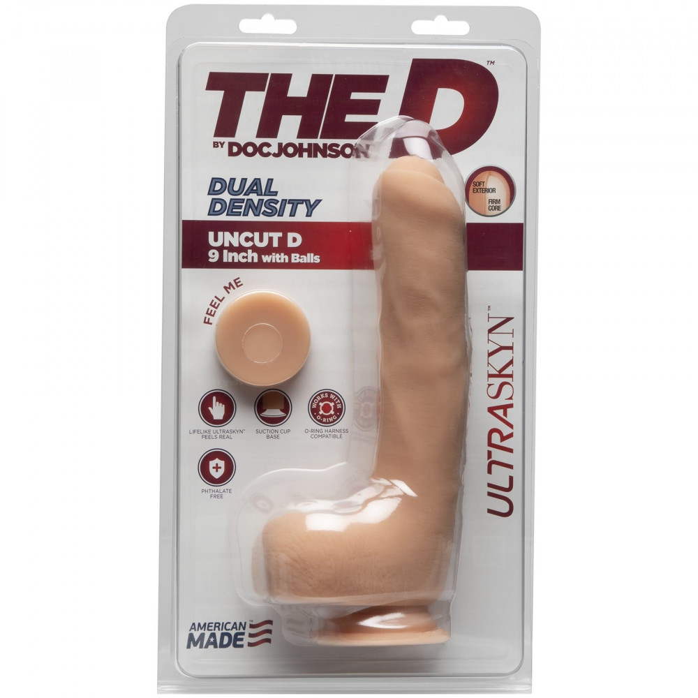 Фаллоимитаторы на присоске, двойные - Фаллоимитатор Doc Johnson The D - Uncut D - 9 Inch With Balls ULTRASKYN, диаметр 4,5см, необрезанный 1
