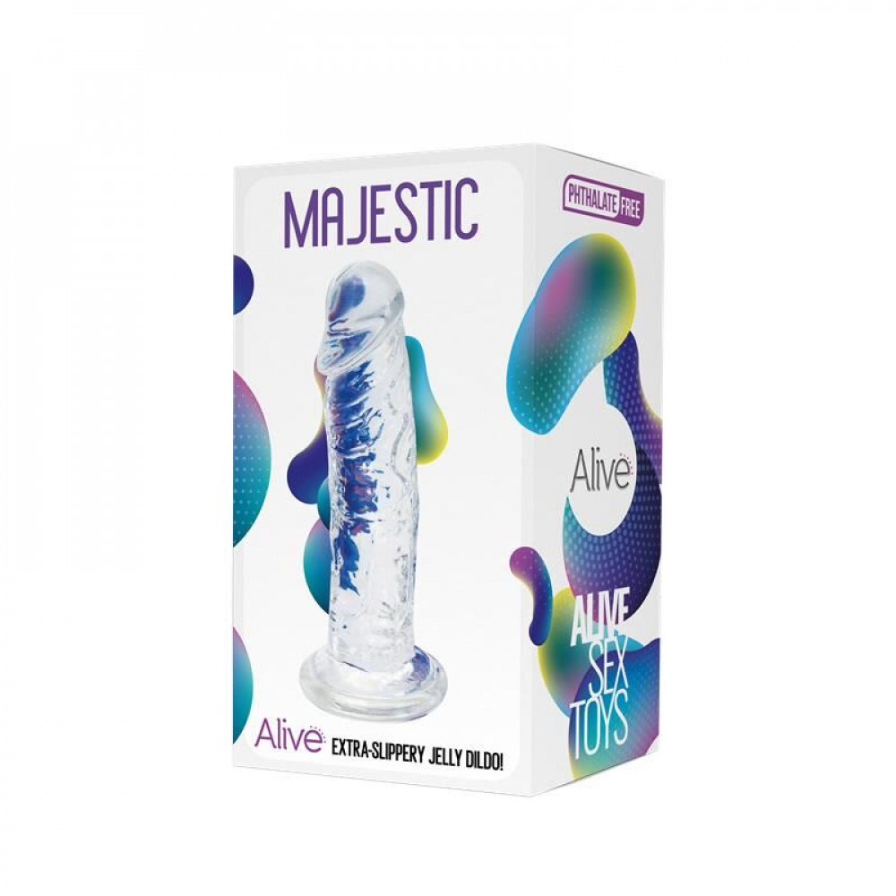 Фаллоимитаторы на присоске, двойные - Прозрачный фаллоимитатор Alive Jelly Dildo Majestic, ТПЕ, присоска, диаметр 3.7см, длина 14.7см 1