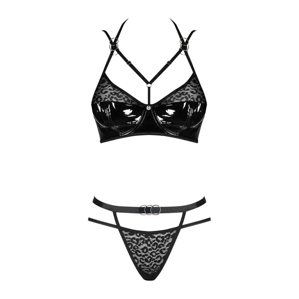 Эротические комплекты - Эротический комплект под латекс со стрепами Obsessive Bagirela 2-pcs set L/XL, черный, под леопард,  3