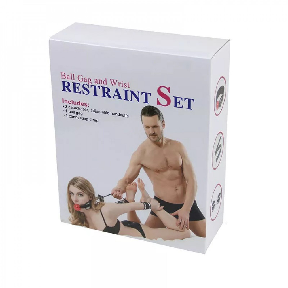 БДСМ игрушки - Набор из кляпа с красным шариком и наручников Roоmfun Ball Gag and Wrist Restraint Set, черный 6