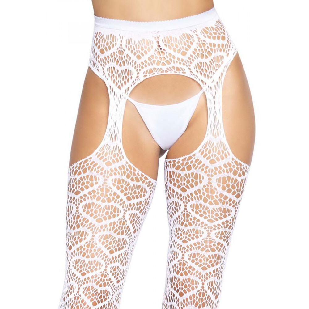 Чулки - Ажурные колготки с сердечками Leg Avenue Heart White, one size, имитация чулок 2
