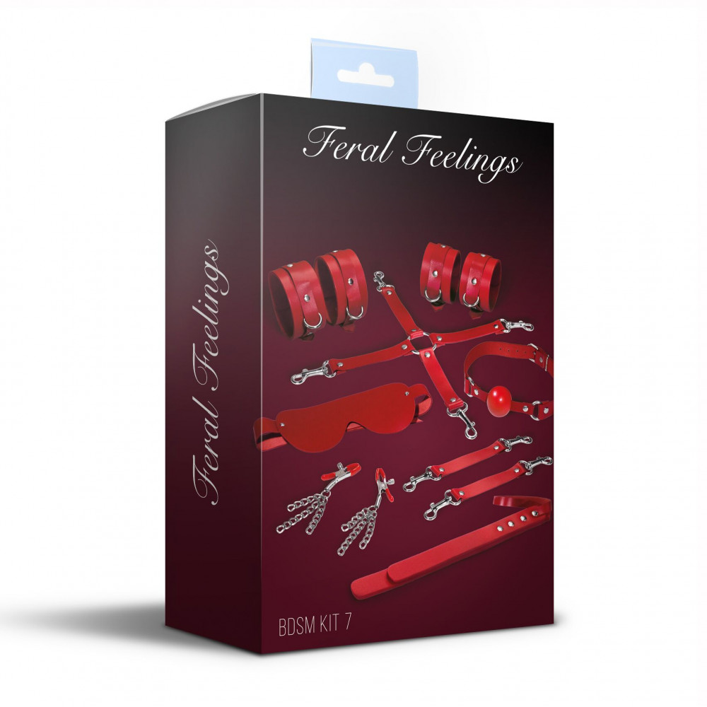 Наборы для БДСМ - Набор Feral Feelings BDSM Kit 7 Red, наручники, поножи, коннектор, маска, паддл, кляп, зажимы 1
