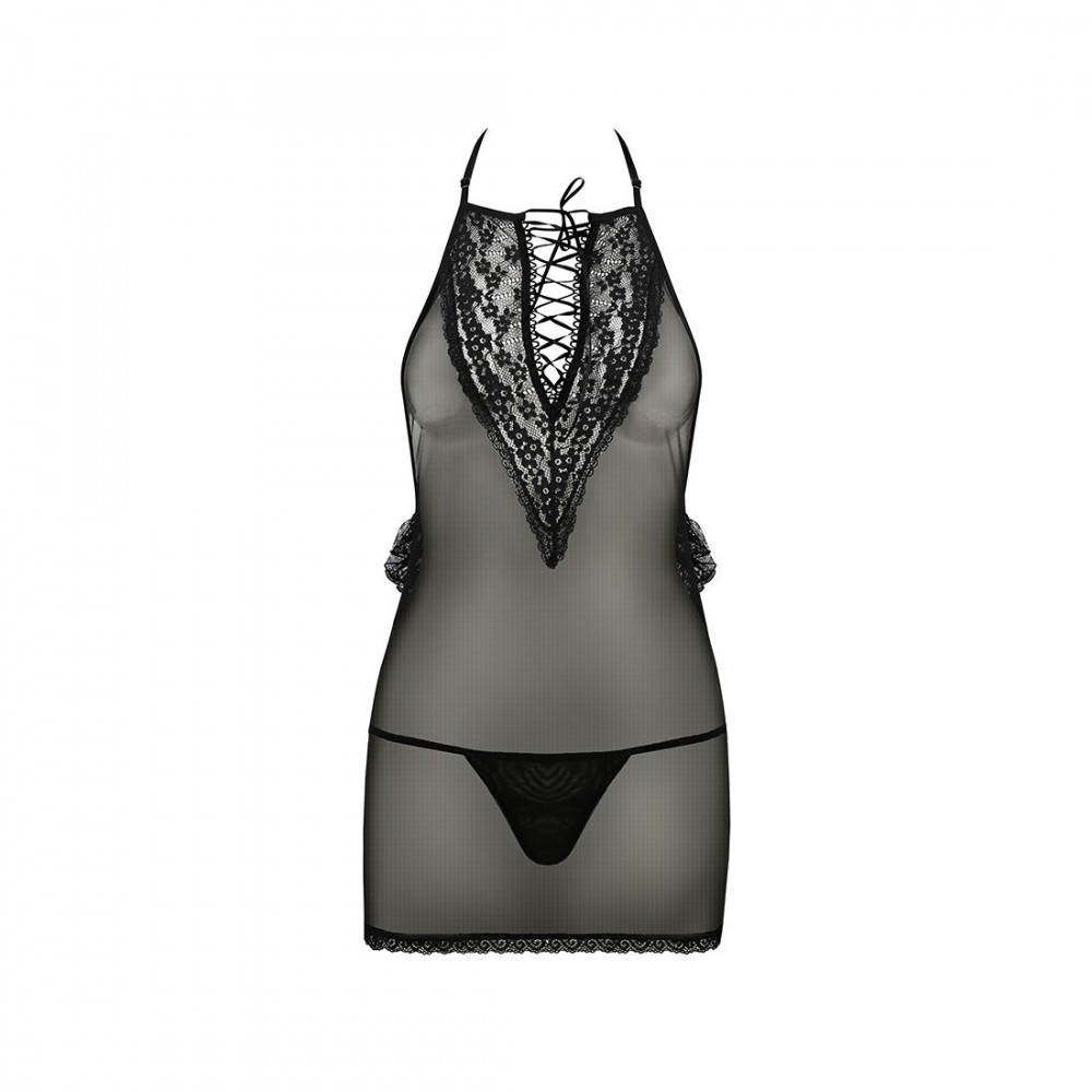 Эротические пеньюары и сорочки - Сорочка прозрачная приталенная ERZA CHEMISE black L/XL - Passion, трусики 2