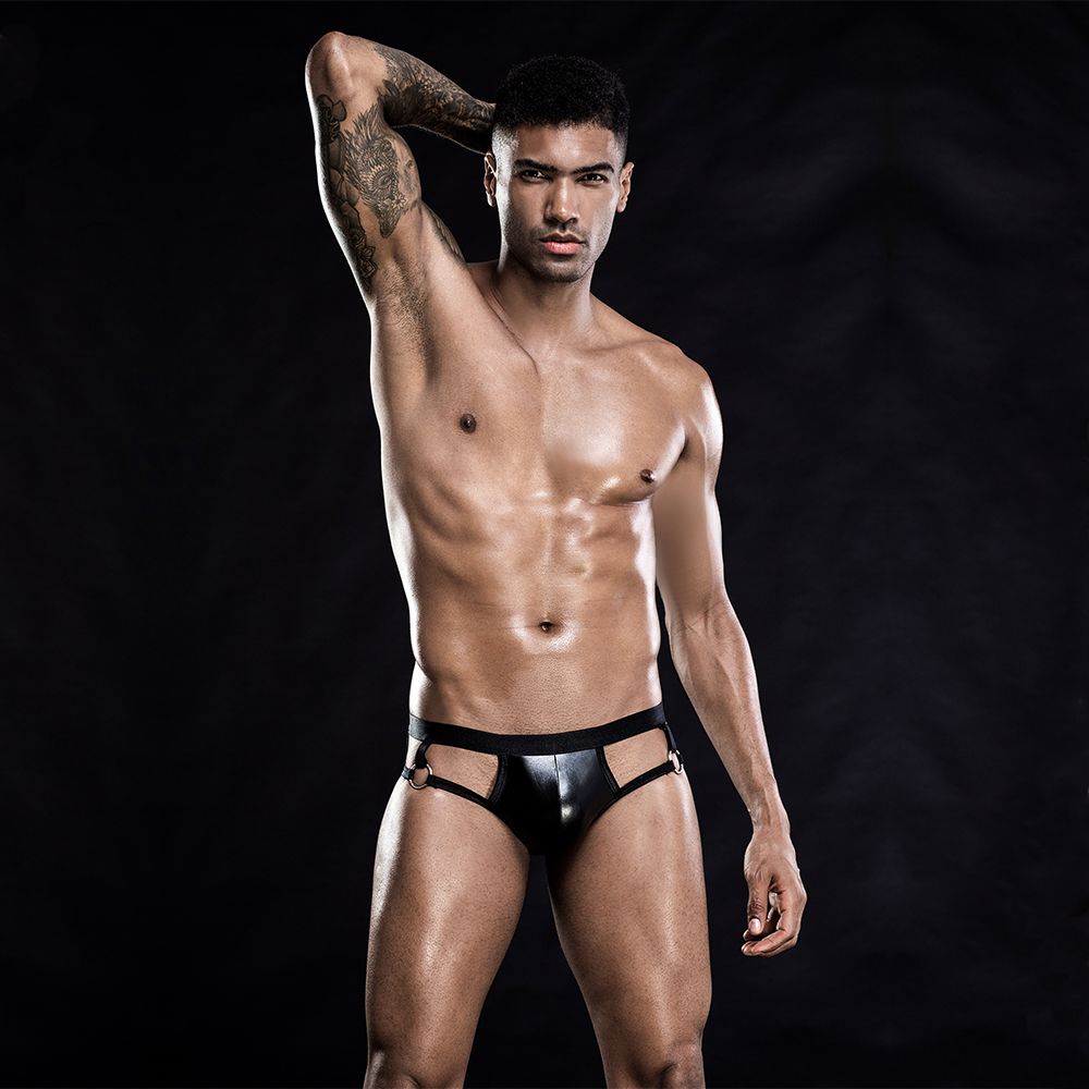 Стринги, трусы и шорты - Лаковые мужские трусы с открытой попкой, One Size Black 3
