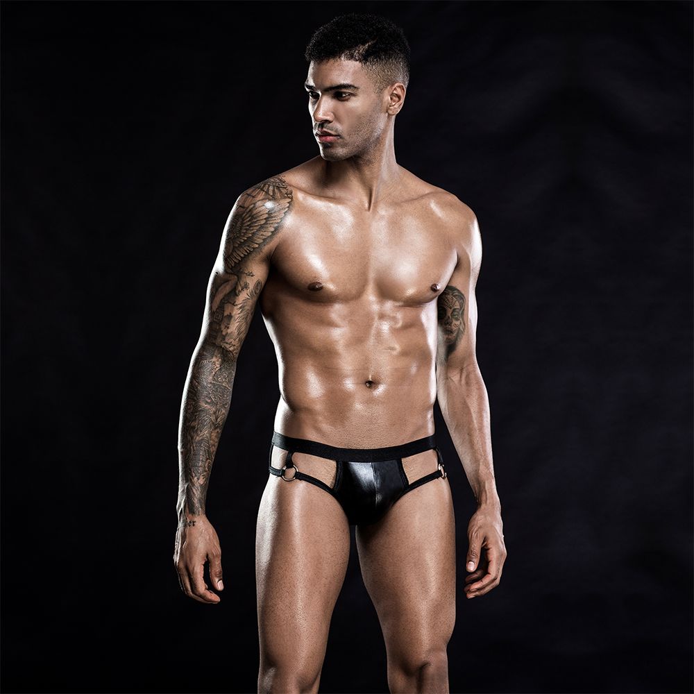 Стринги, трусы и шорты - Лаковые мужские трусы с открытой попкой, One Size Black