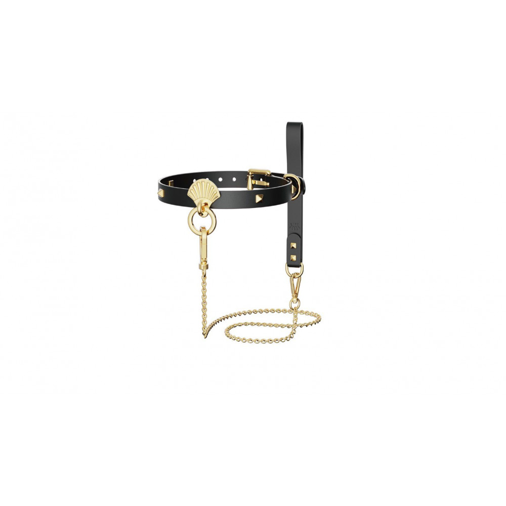 Ошейники, поводки - Роскошный ошейник с поводком Zalo Collar & Leash Set Black, натуральная кожа