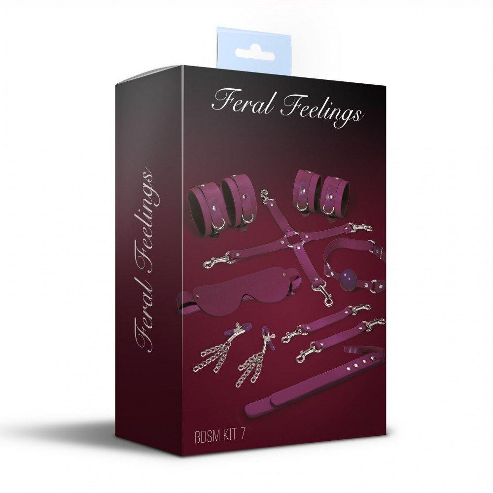 Наборы для БДСМ - Набор Feral Feelings BDSM Kit 7 Burgundy, наручники, поножи, коннектор, маска, паддл, кляп, зажимы 1