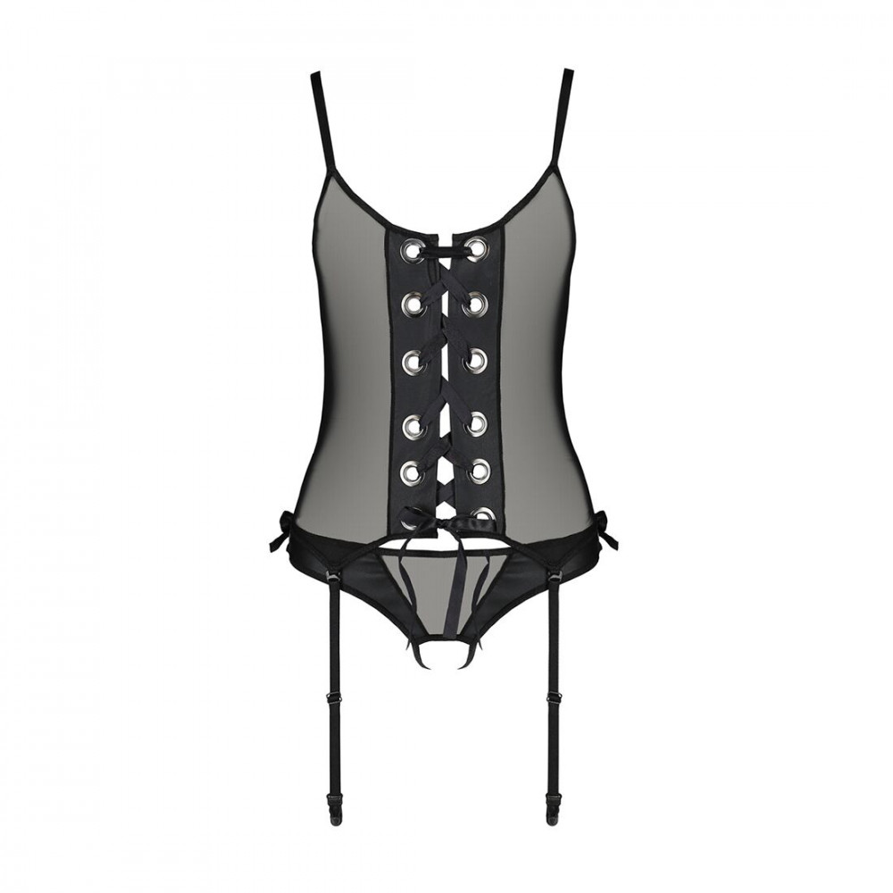 Эротические корсеты - Корсет со шнуровкой Passion NESSY CORSET L/XL black, стринги с открытым доступом, пажи для чулок 3