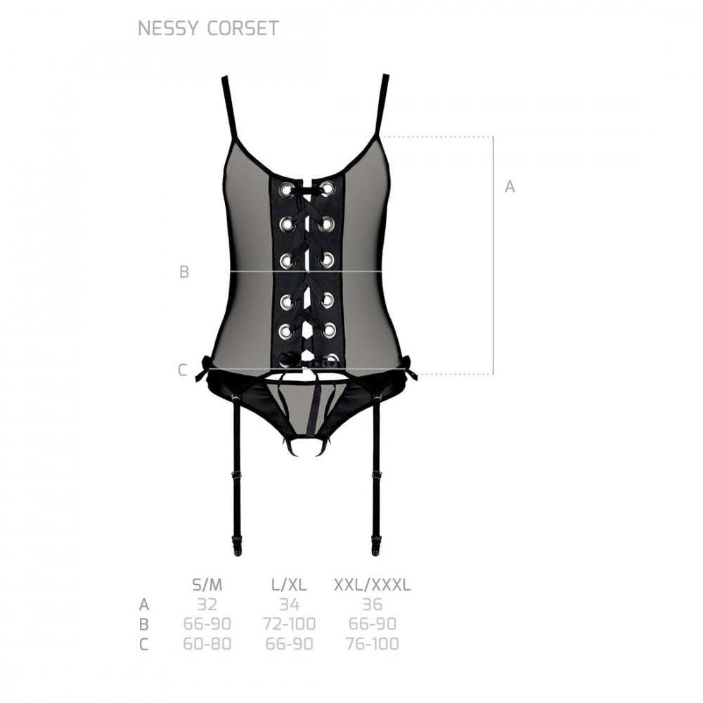 Эротические корсеты - Корсет со шнуровкой Passion NESSY CORSET L/XL black, стринги с открытым доступом, пажи для чулок 1