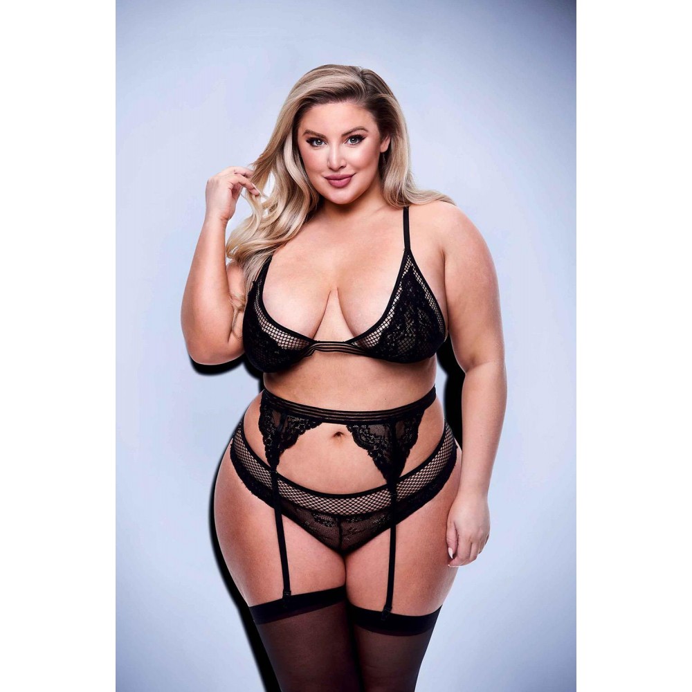Эротические комплекты - Комплект белья и пояс для чулок 3PC LACE & MESH BRA, GARTER & PANTY SET BLACK, QUEEN 2