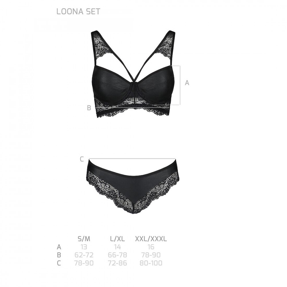 Эротические комплекты - Комплект из эко-кожи с кружевом Loona Set black XXL/XXXL - Passion, бра и трусики  1