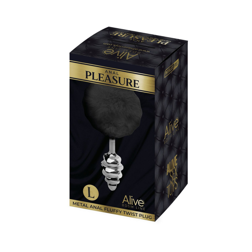 Анальный хвост - Металлическая анальная пробка Кроличий хвостик Alive Fluffy Twist Plug L Black, диаметр 3,8 см 1
