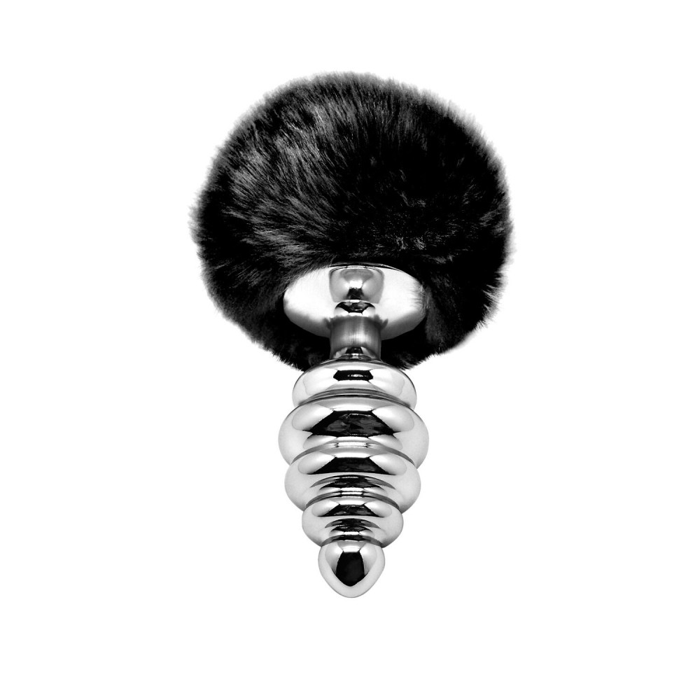 Анальный хвост - Металлическая анальная пробка Кроличий хвостик Alive Fluffy Twist Plug L Black, диаметр 3,8 см