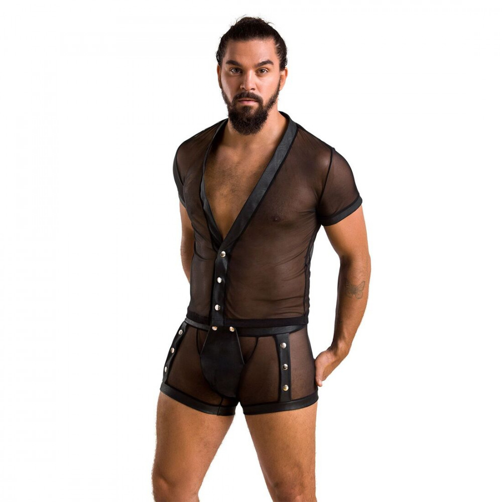Стринги, трусы и шорты - Комплект сетчатого мужского белья Passion 052 Set Michael L/XL Black, рубашка, боксеры, заклепки 4
