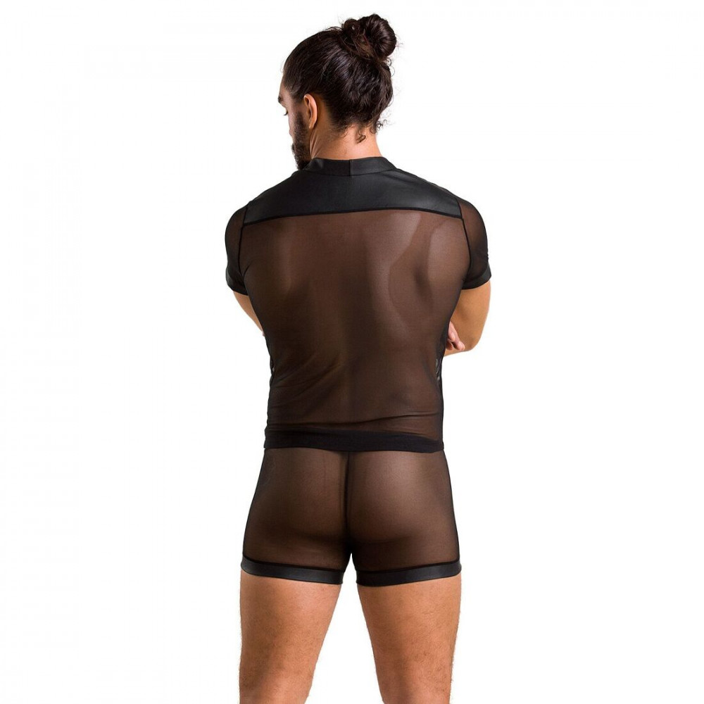 Стринги, трусы и шорты - Комплект сетчатого мужского белья Passion 052 Set Michael L/XL Black, рубашка, боксеры, заклепки 3
