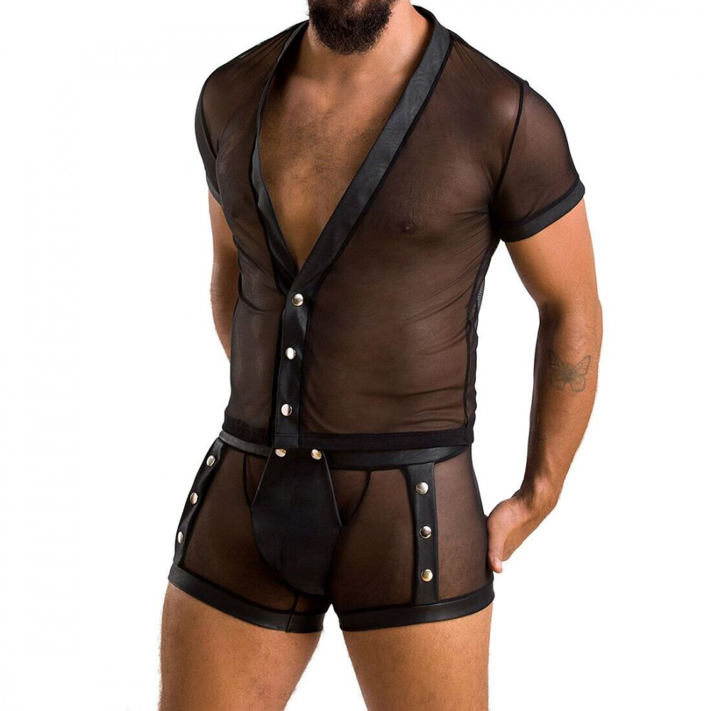 Стринги, трусы и шорты - Комплект сетчатого мужского белья Passion 052 Set Michael L/XL Black, рубашка, боксеры, заклепки
