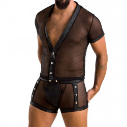 Комплект сетчатого мужского белья Passion 052 Set Michael L/XL Black, рубашка, боксеры, заклепки