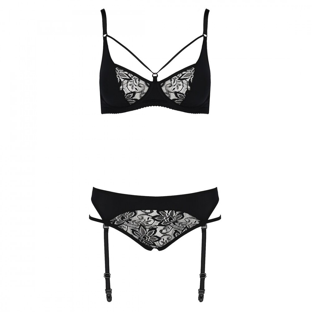 Эротические комплекты - Комплект белья PAULINE SET black L/XL Passion: стрэпы: лиф, стринги и пояс для чулок 3