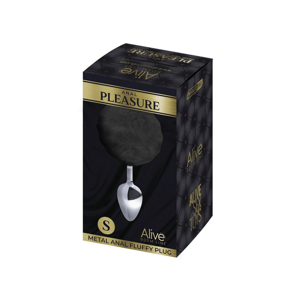 Анальный хвост - Металлическая анальная пробка Кроличий хвостик Alive Fluffy Plug S Black, диаметр 2,8 см 1
