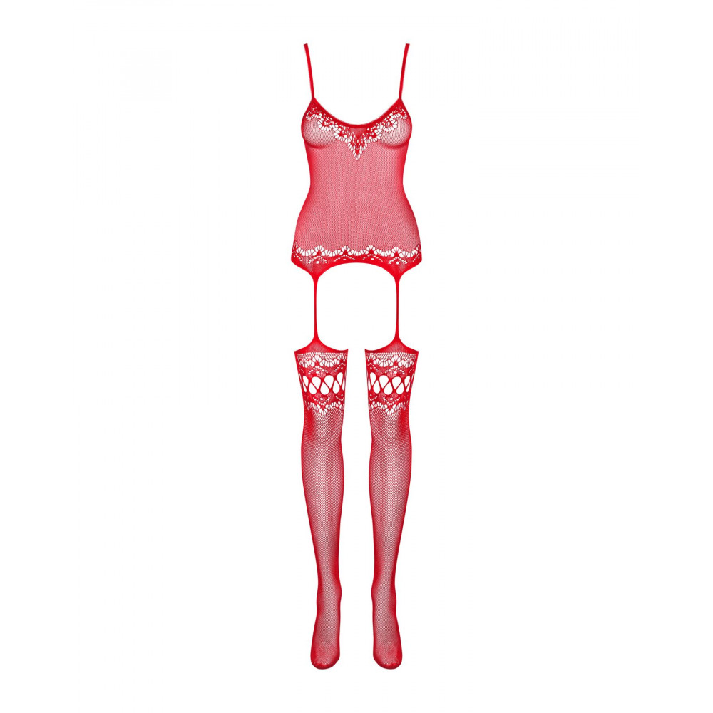 Бодистокинг - Бодистокинг Obsessive Bodystocking F214 red S/M/L, имитация корсета и чулок на подвязках 3