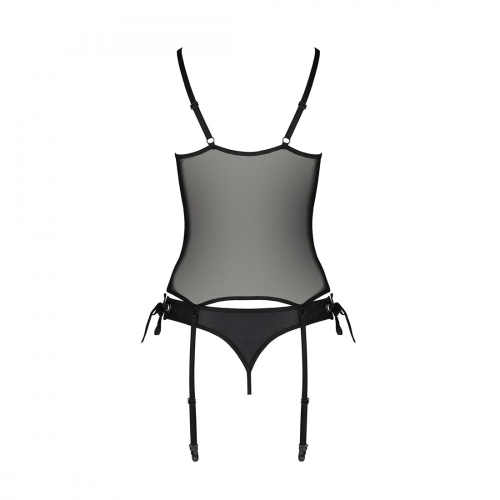 Эротические корсеты - Корсет со шнуровкой Passion NESSY CORSET XXL/XXXL black, стринги с открытым доступом, пажи для чулок 2