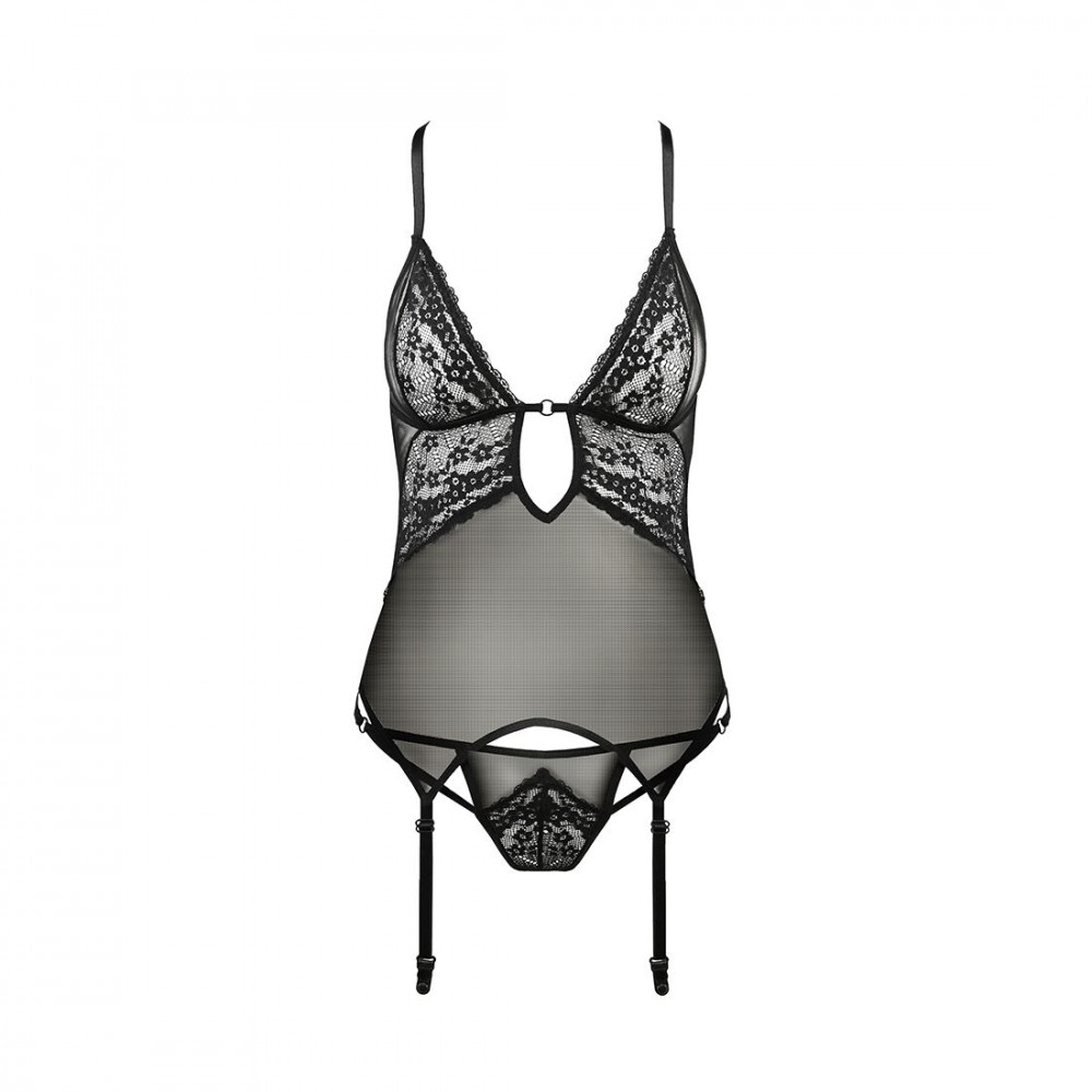 Эротические корсеты - Корсет с декольте ERZA CORSET black L/XL - Passion, пажи, трусики, полупрозрачный 3