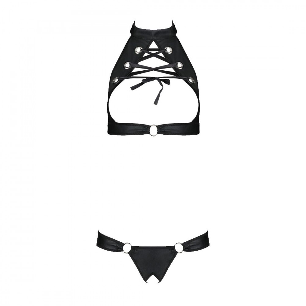 Эротические комплекты - Комплект из экокожи Passion Malwia Set with Open Bra 4XL/5XL black, топ и трусики с люверсами 2