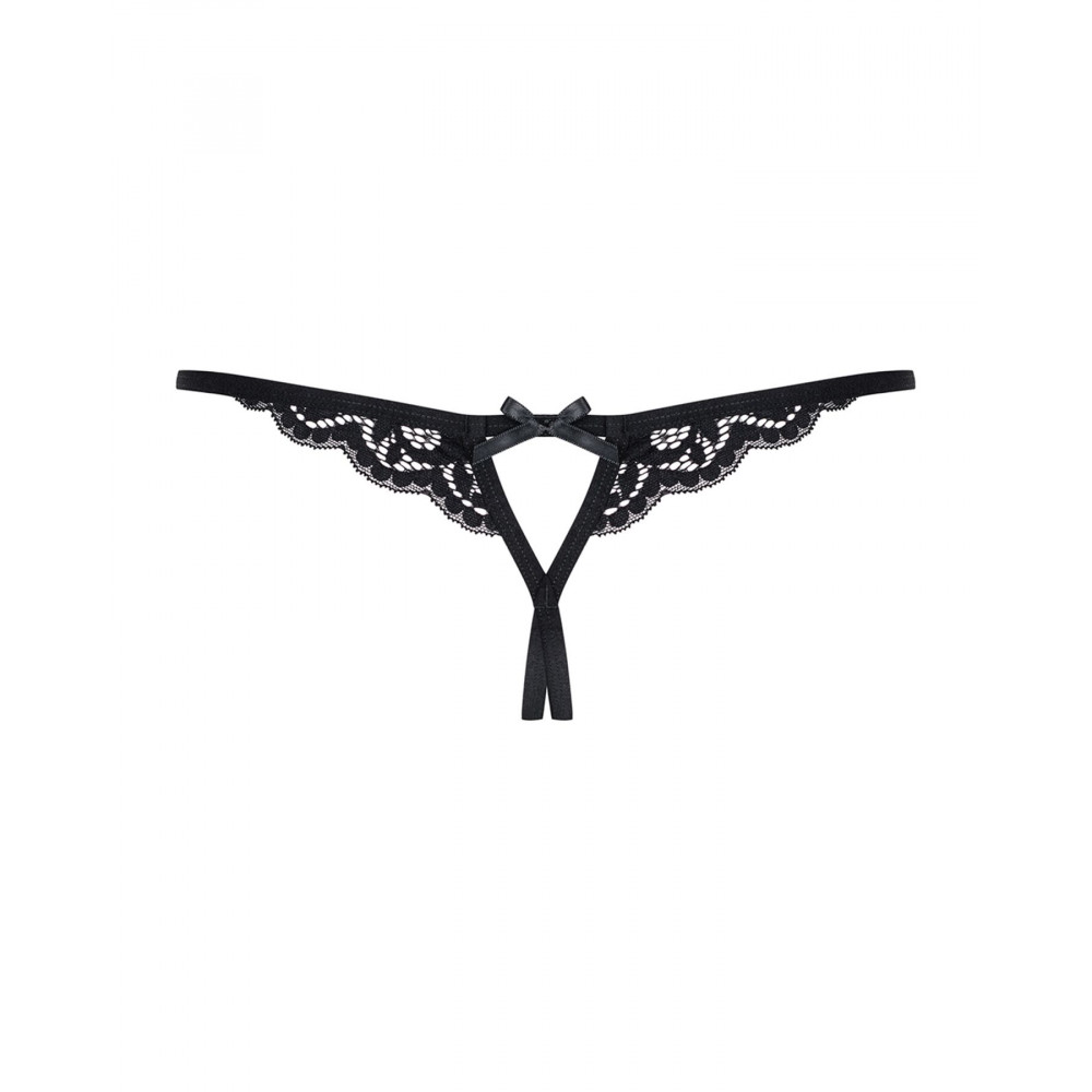 Сексуальные трусики - Кружевные танга с двумя отверстиями Obsessive 831-THC-1 crotchless thong L/XL, черные, бантики 3