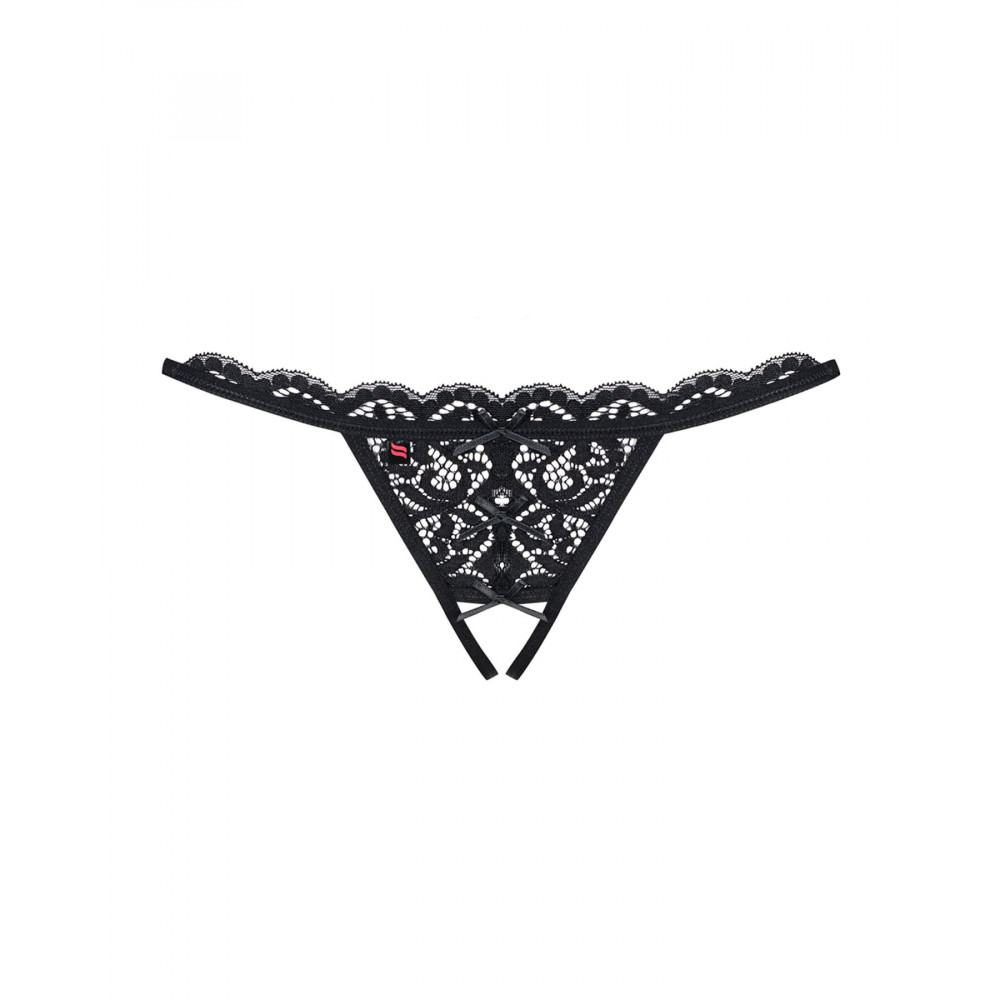 Сексуальные трусики - Кружевные танга с двумя отверстиями Obsessive 831-THC-1 crotchless thong L/XL, черные, бантики 4
