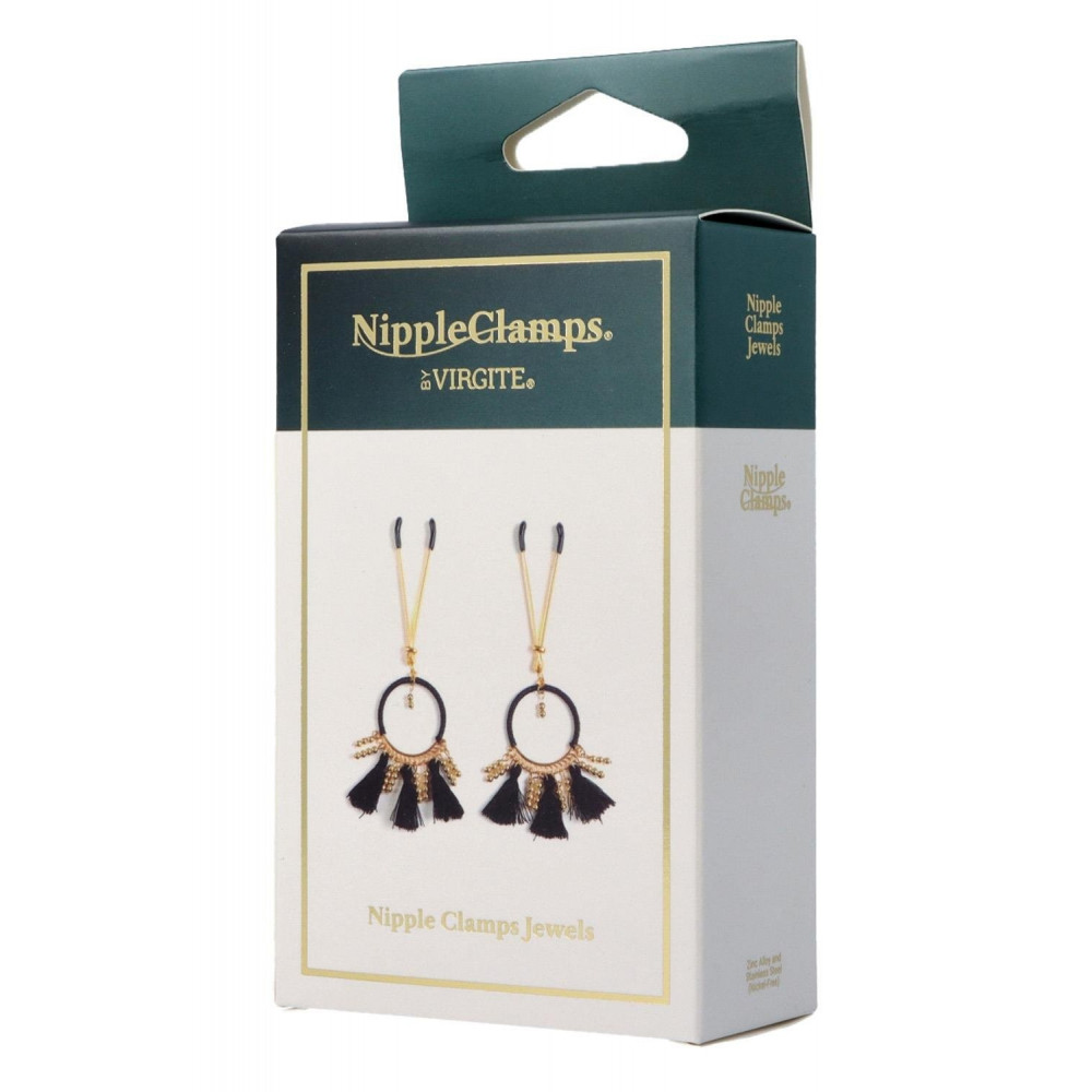 БДСМ игрушки - Декоративные золотые зажимы для сосков Virgite Nipple Clamps с черными кисточками 3