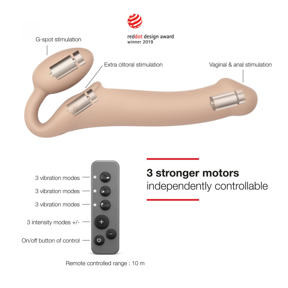 Страпоны безремневые - Безремневой страпон с вибрацией Strap-On-Me Vibrating Flesh M, диаметр 3,3см, пульт ДУ, регулируемый 6