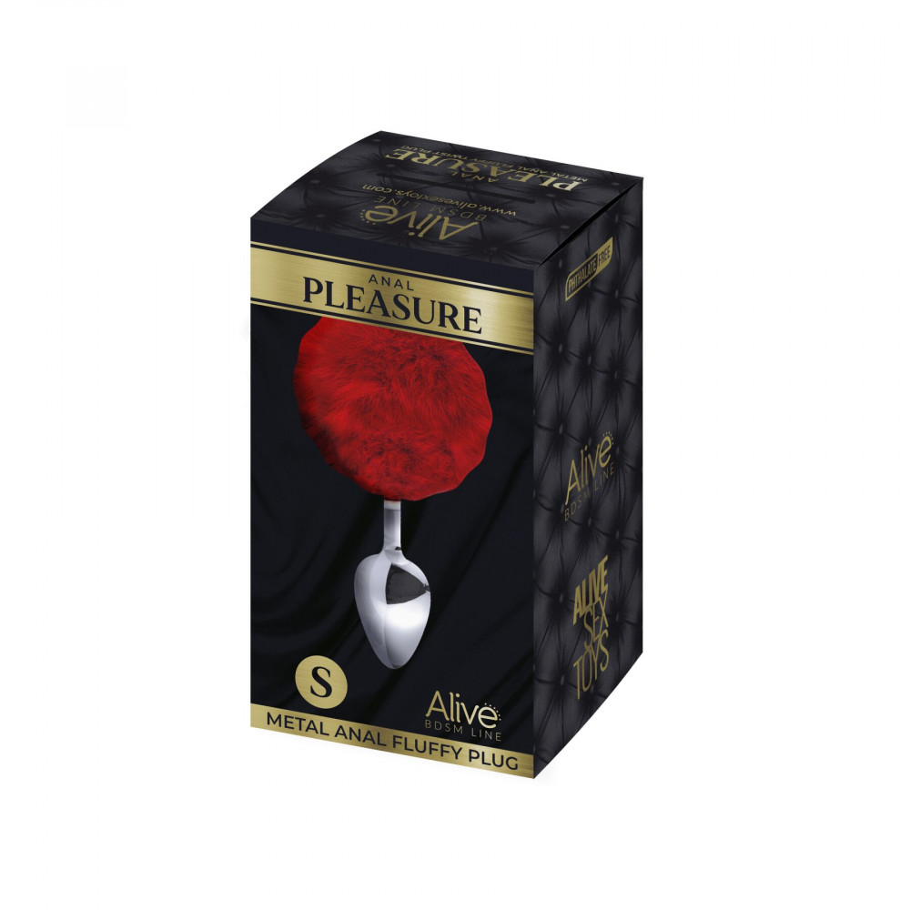 Анальный хвост - Металлическая анальная пробка Кроличий хвостик Alive Fluffy Plug S Red, диаметр 2,8 см 1