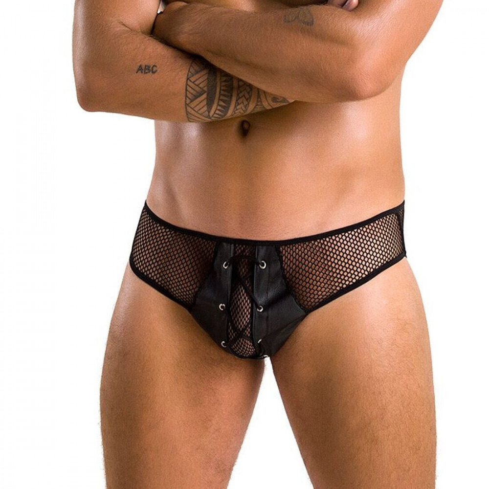 Стринги, трусы и шорты - Мужские трусы со шнуровкой Passion 035 Slip Richard S/M Black, экокожа, сетка