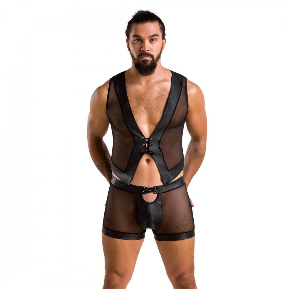 Стринги, трусы и шорты - Комплект мужского белья на шнуровке Passion 053 Set William L/XL Black, жилет, боксеры 4