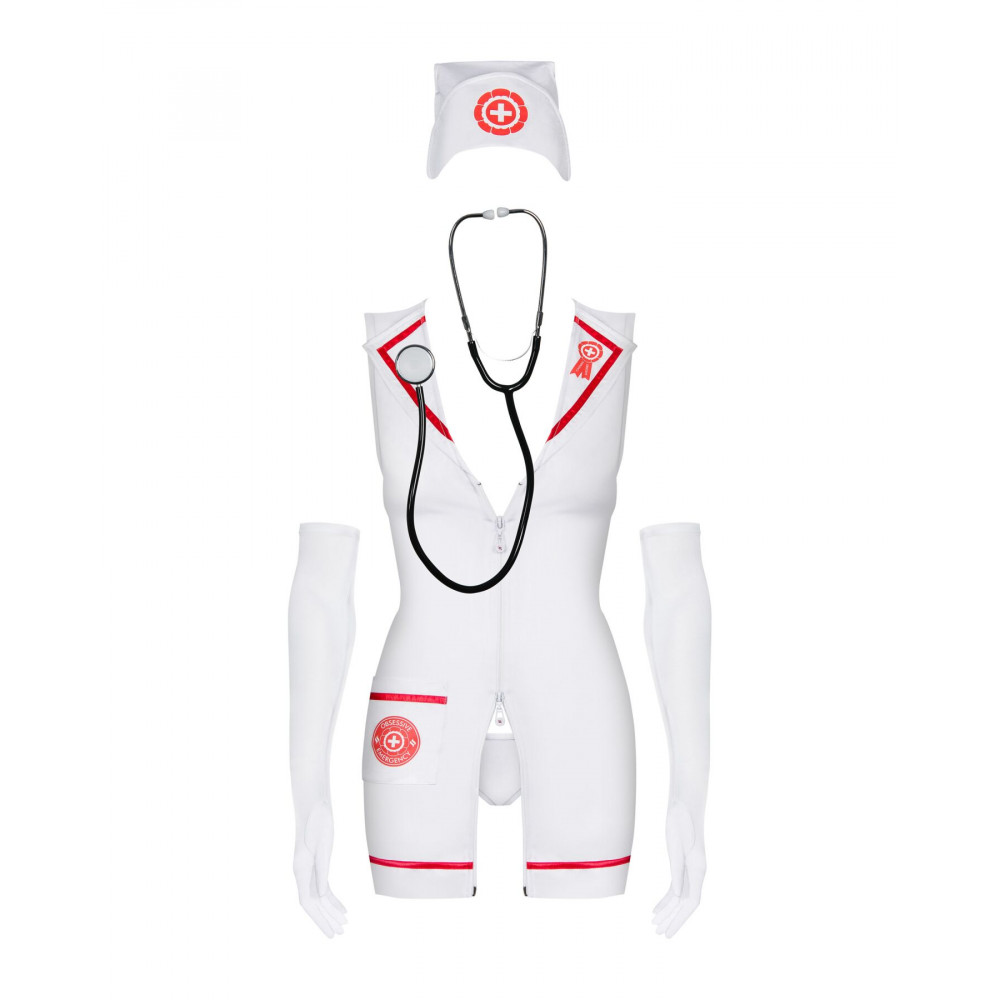 Эротические костюмы - Эротический костюм медсестры Obsessive Emergency dress S/M, white, платье, стринги, перчатки, чепчик 3