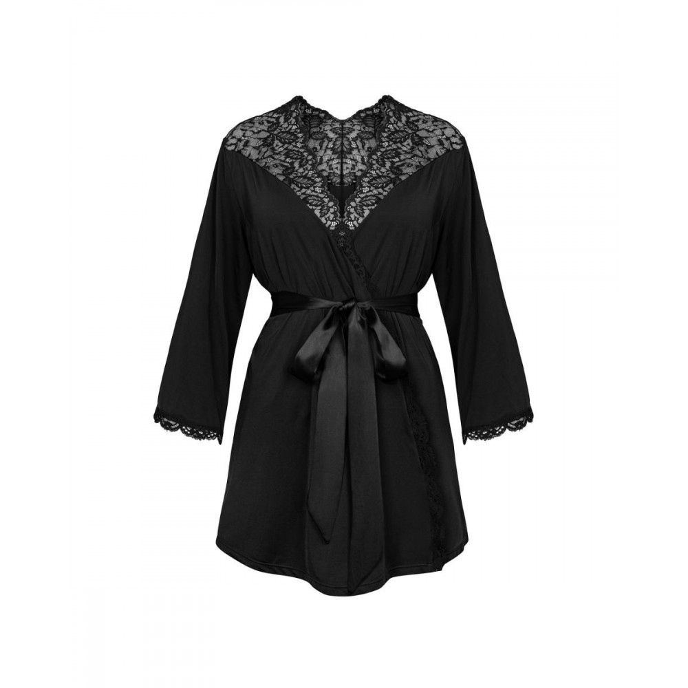 Эротические пеньюары и сорочки - Халат черный Obsessive Bellastia peignoir XS/S 4