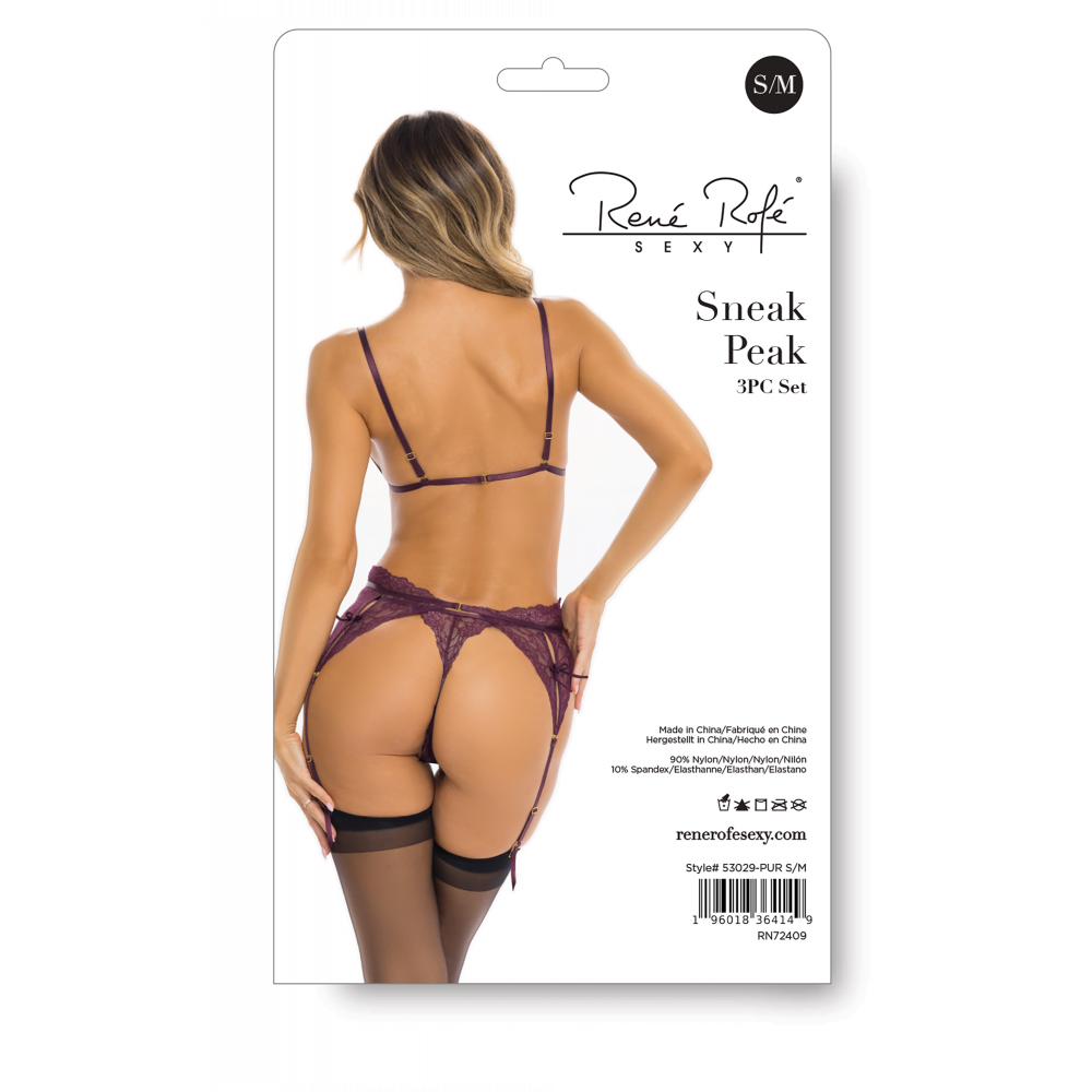 Эротическое белье - Комплект белья SNEAK PEAK 3PC SET PURPLE, S/M 1