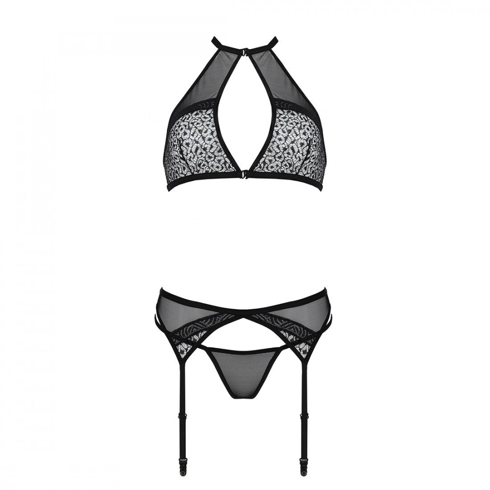 Эротические комплекты - Комплект белья Passion SATARA SET S/M black, топ, пояс для чулок, стринги 3