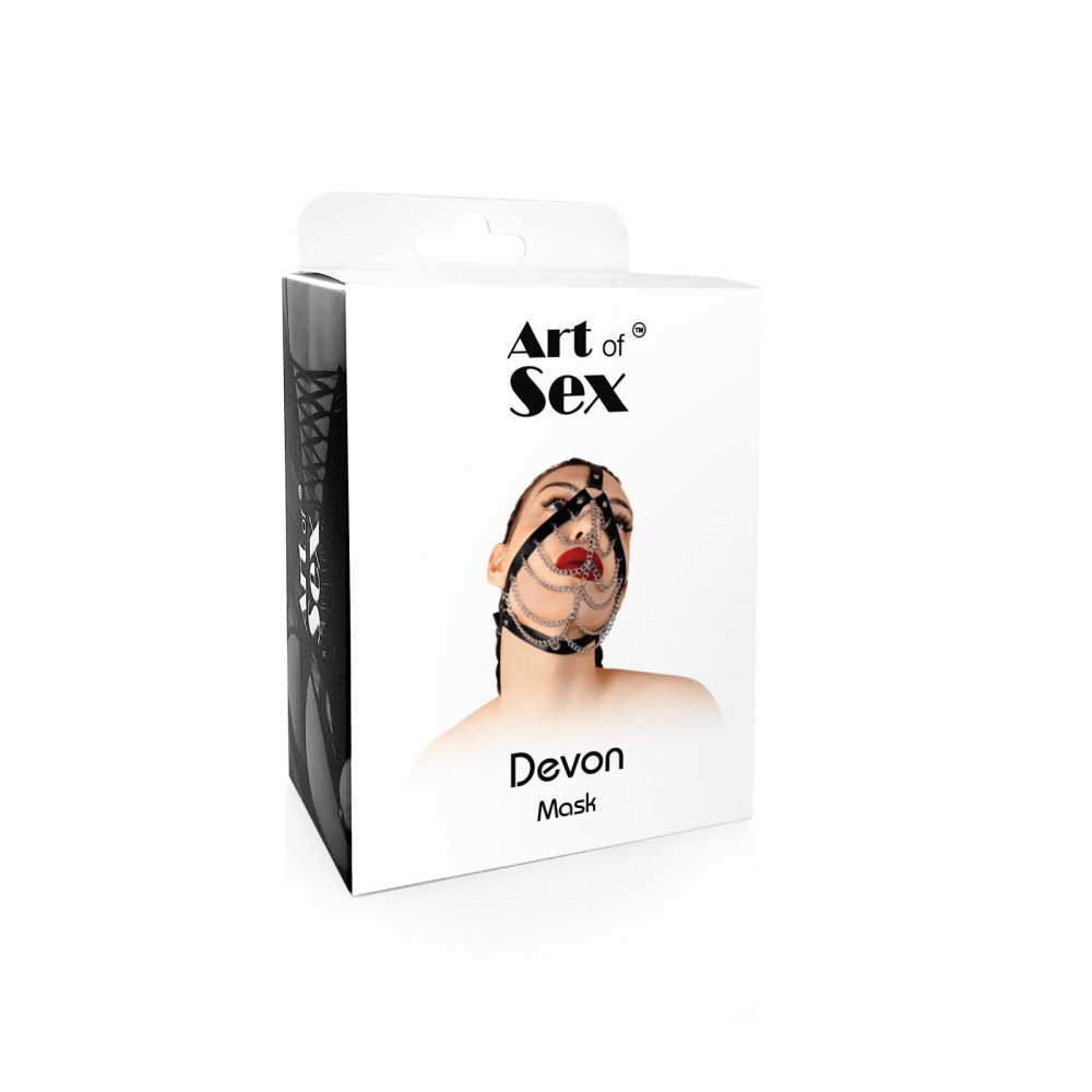 Плети, стеки, флоггеры, тиклеры - Маска с цепями Art of Sex - Devon, натуральная кожа, цвет черный 3