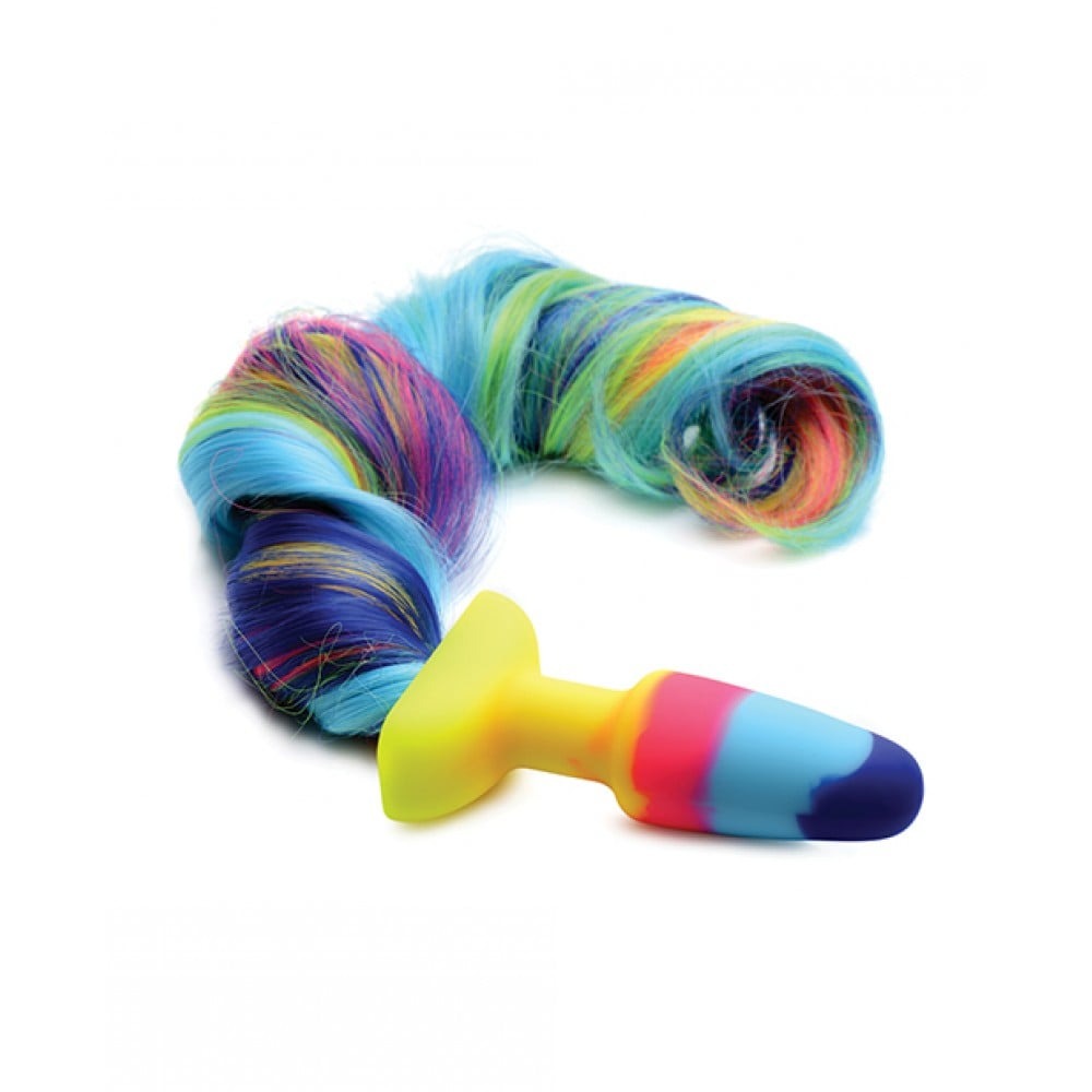 Анальные игрушки - Анальная радужная пробка XR brands Rainbow Unicorn Anal Plug With Tail с хвостом 3