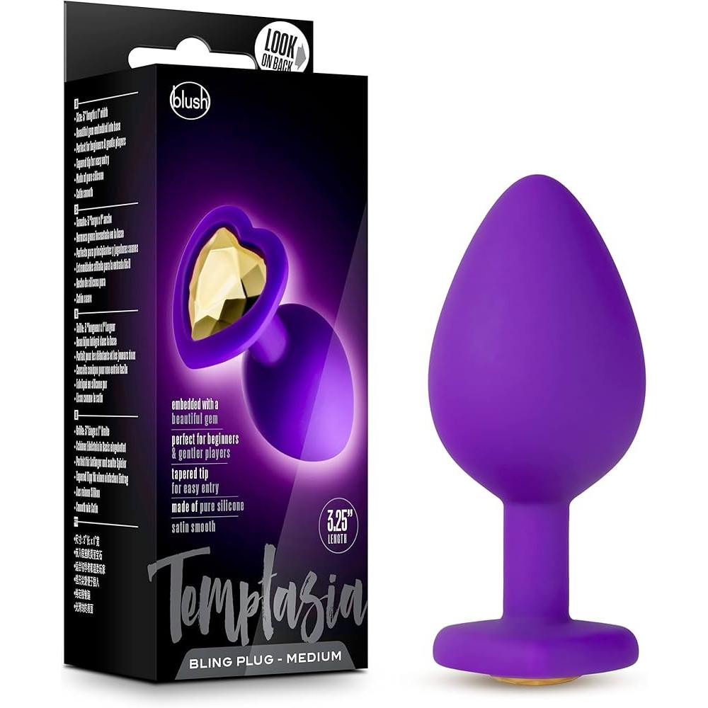 Секс игрушки - Анальная пробка силиконовая Blush Temptasia с золотым стразом в форме сердца, M