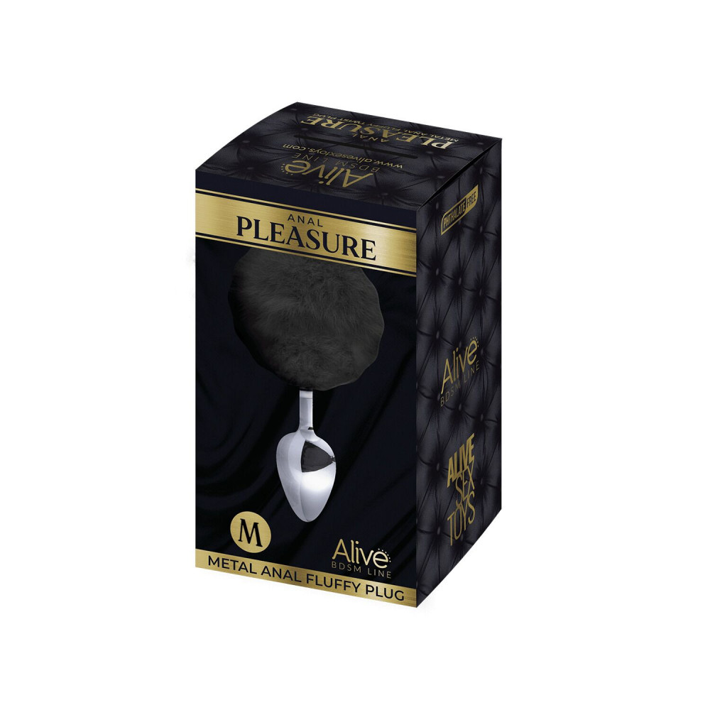 Анальный хвост - Металлическая анальная пробка Кроличий хвостик Alive Fluffy Plug M Black, диаметр 3,4 см 1